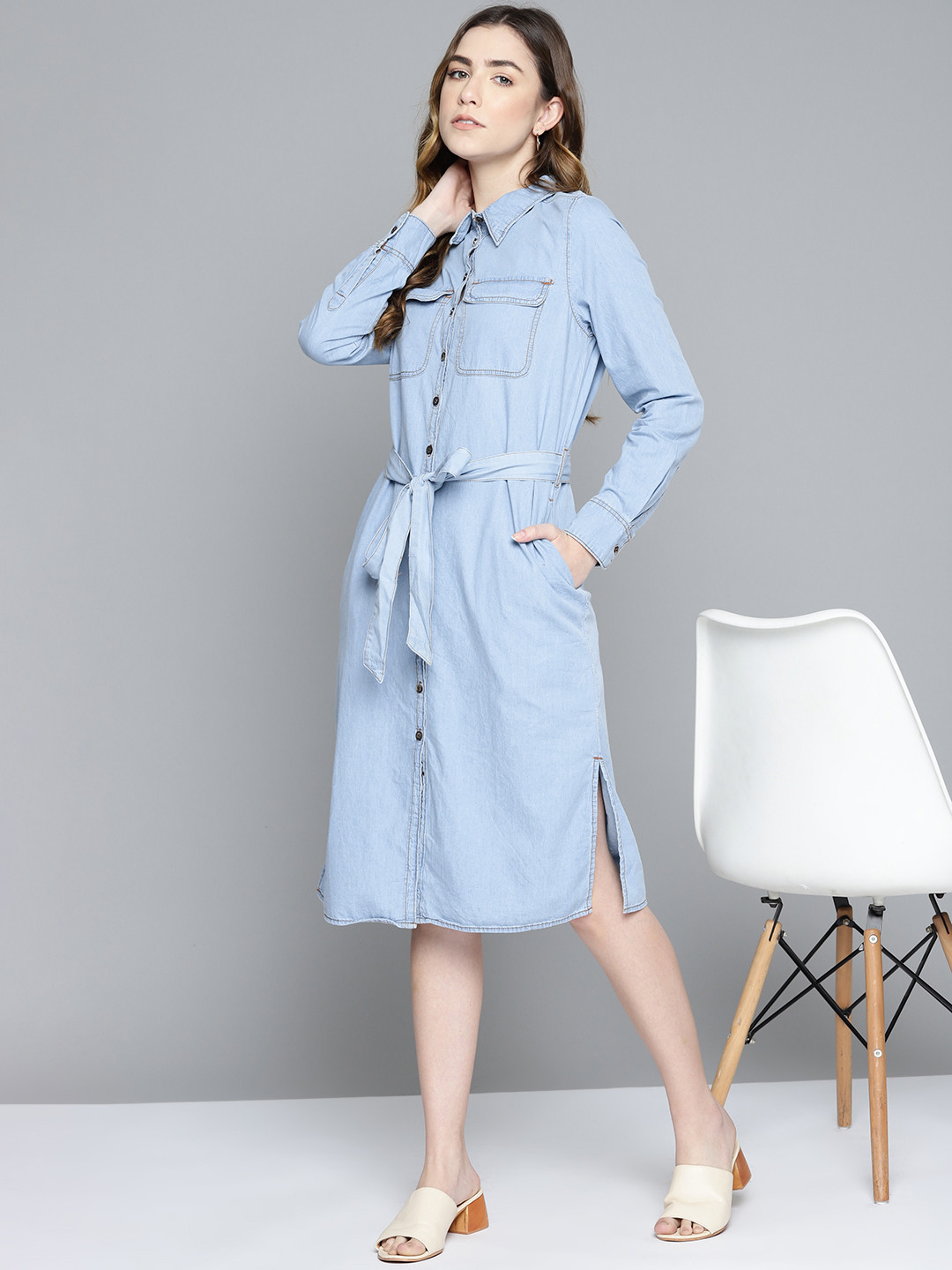 Chemistry Blue Solid Denim Shirt Dress with Belt
