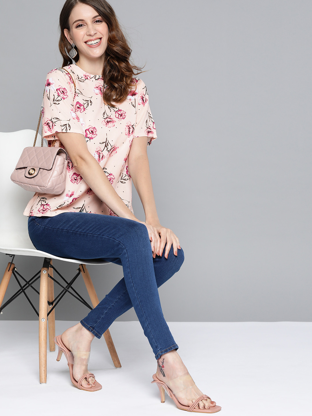 HERE&NOW Pink & Green Floral Printed Regular Top