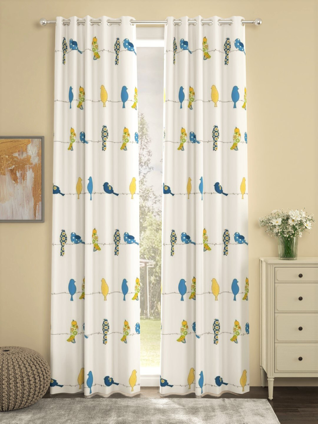 URBAN SPACE White & Blue Set of 2 Long Door Curtains