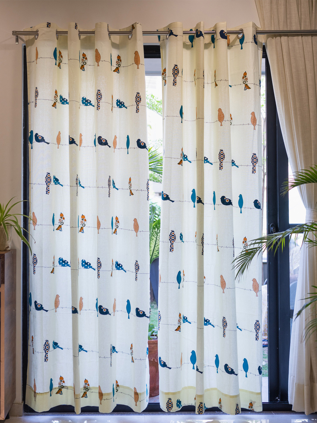 URBAN SPACE Off-White & Blue Set of 2 Door Curtains