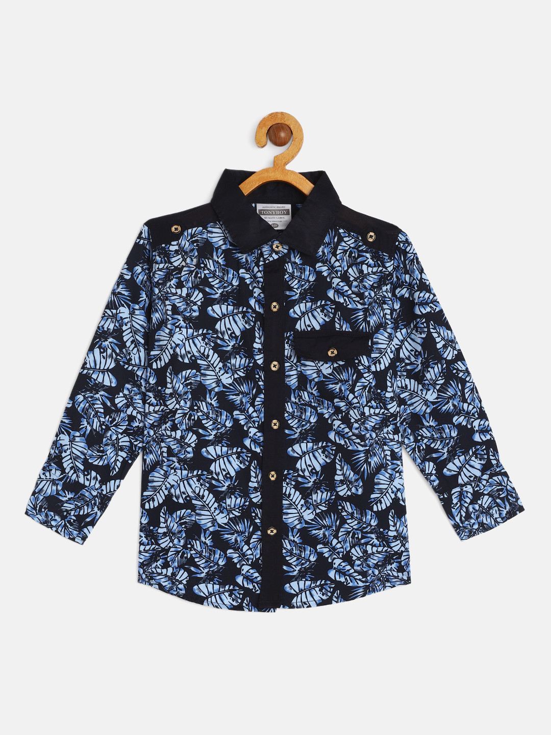 TONYBOY Boys Navy Blue Floral Printed Premium Regular Fit Pure Cotton Casual Shirt
