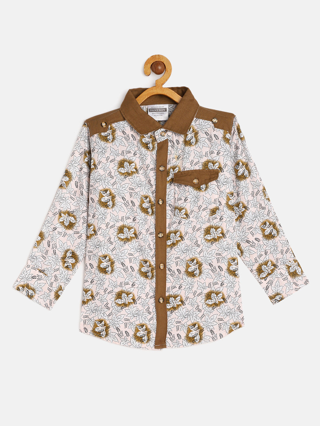 TONYBOY Boys White & Brown Floral Printed Premium Regular Fit Pure Cotton Casual Shirt