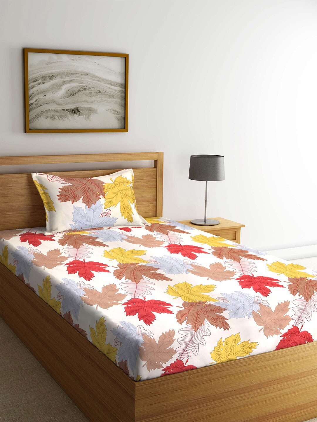KLOTTHE Cream Leaf Polycotton 210 TC Single Fine Bedsheet with a Pillow Cover-85 x 59 inches