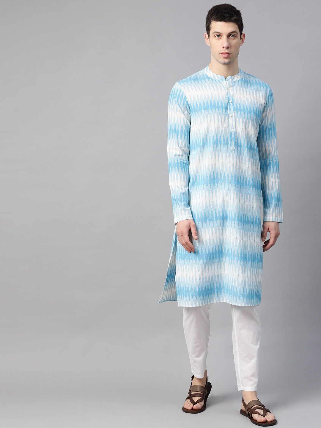See Designs Men Off White & Blue Pure Cotton Handloom Ikat Woven Design Straight Kurta