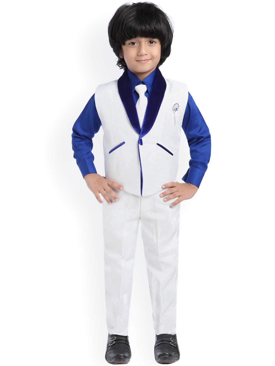Jeetethnics Boys White & Blue Silk Regular Fit Party Waistcoat Suit