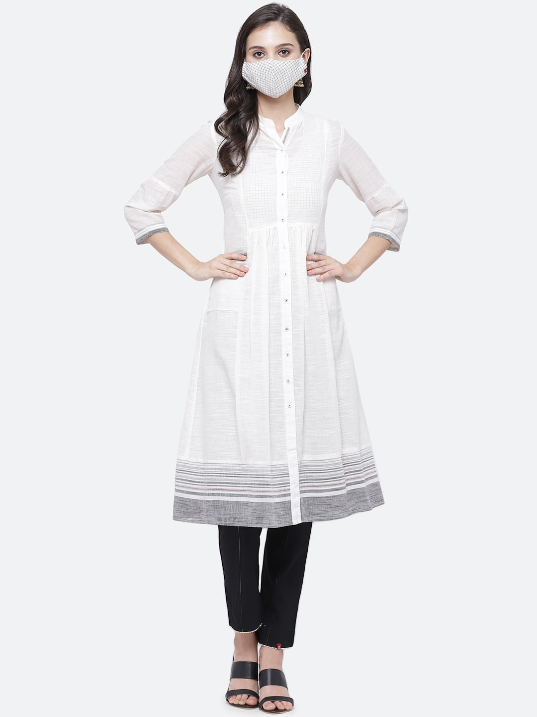Biba Women White Anarkali Cotton Kurta