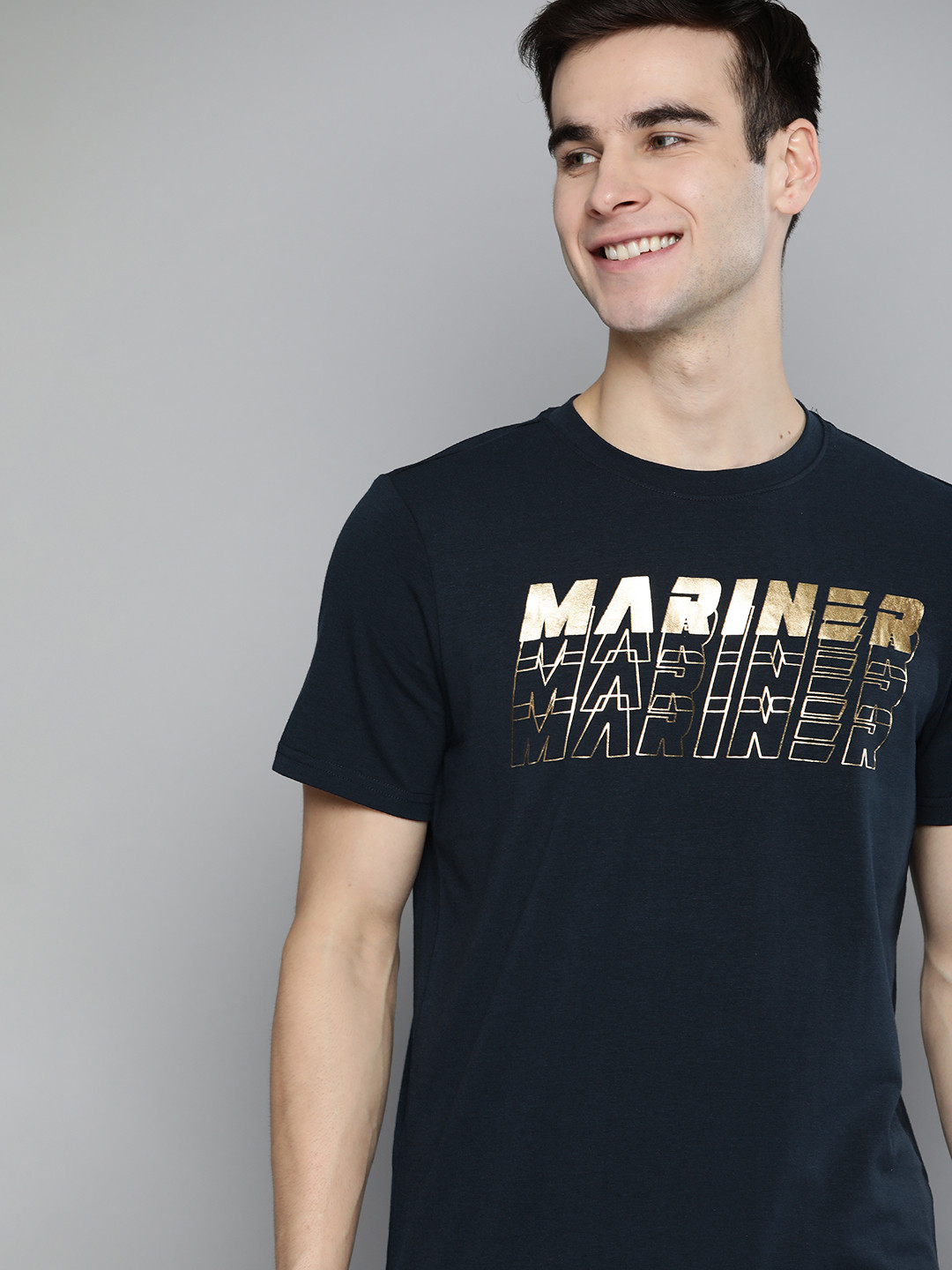 Mast & Harbour Men Navy Blue & Golden Handcrafted Typography Printed T-shirt