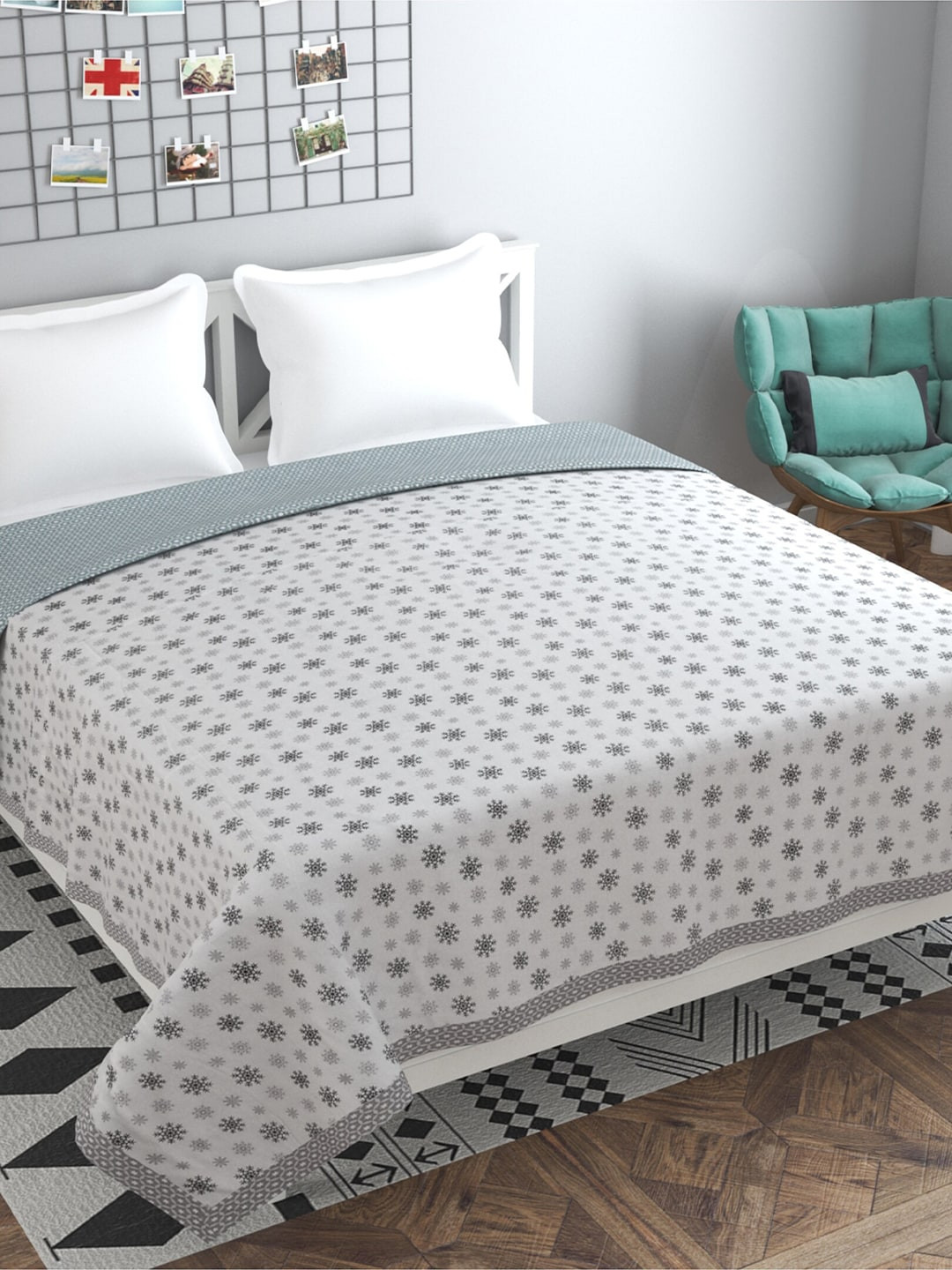 Florida Grey & White Floral AC Room 120 GSM Double Bed Dohar