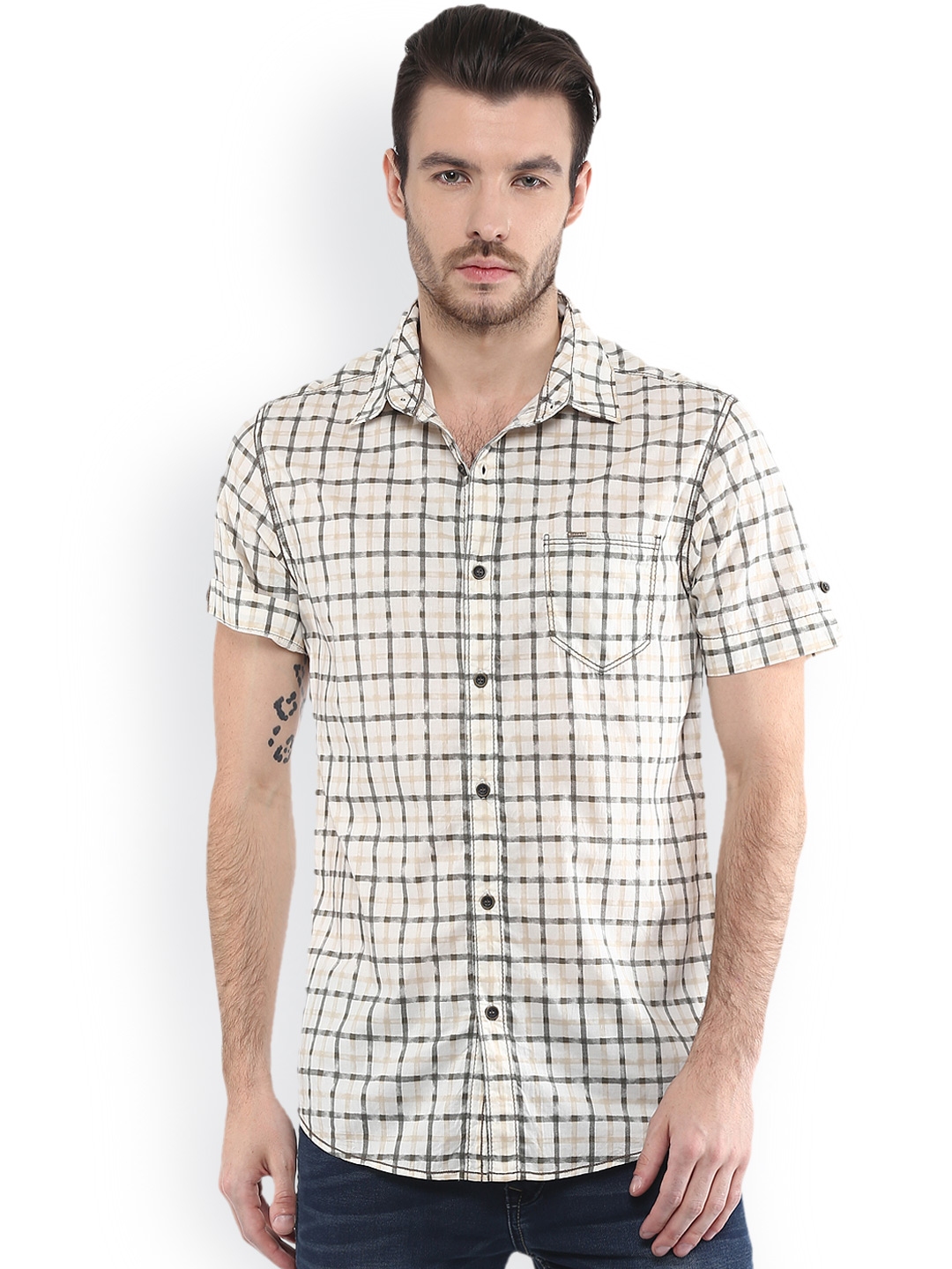 Buy White & Grey Large Check Slim Fit Casual Shirt Online at Muftijeans