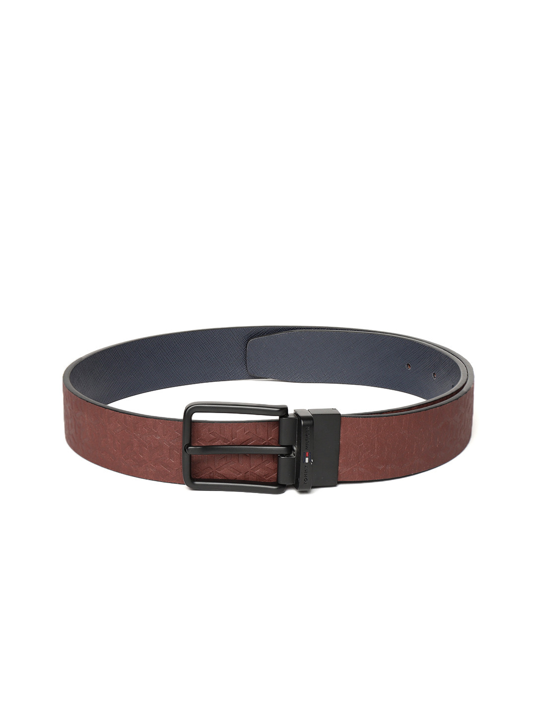 Tommy Hilfiger Men Burgundy & Navy Brand Logo & Saffiano Textured Leather Reversible Belt