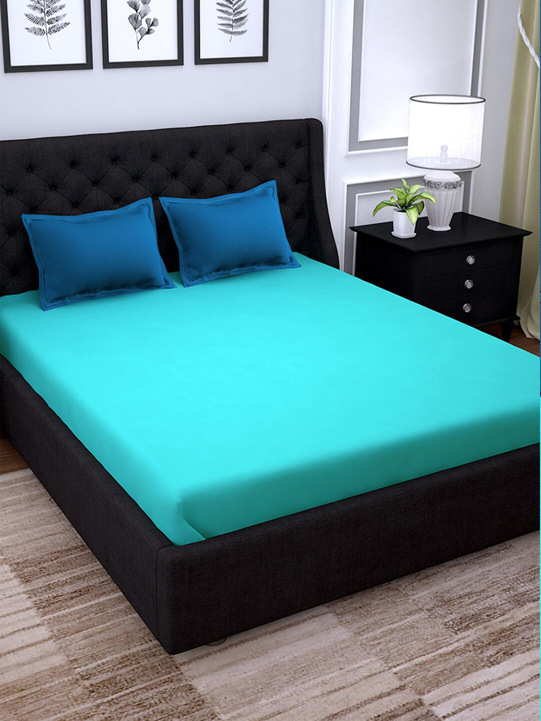 PAVO Turquoise Blue Solid Cotton 210 TC King Fine Bedsheet with 2 Pillow Covers-270 x 270 cm