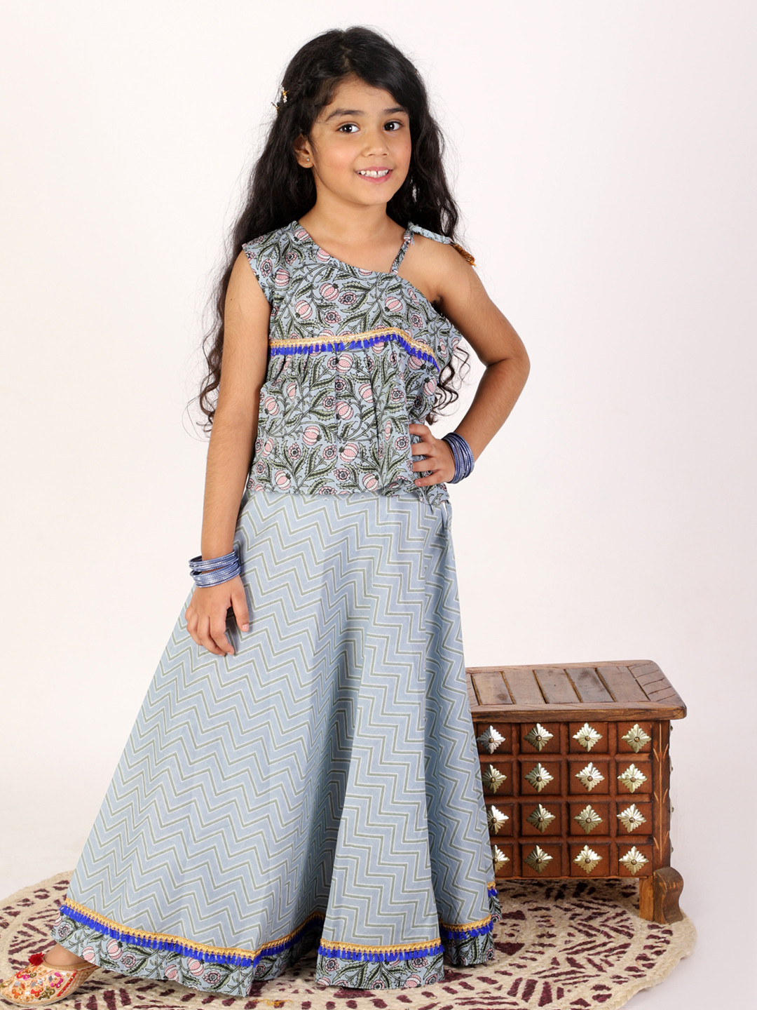 Superminis Girls Grey Printed Off Shoulder Top With Printed Lehenga