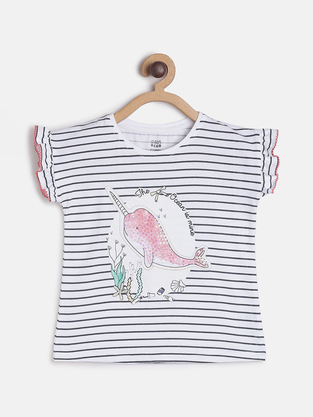 MINI KLUB White & Grey Cotton Striped Regular Top