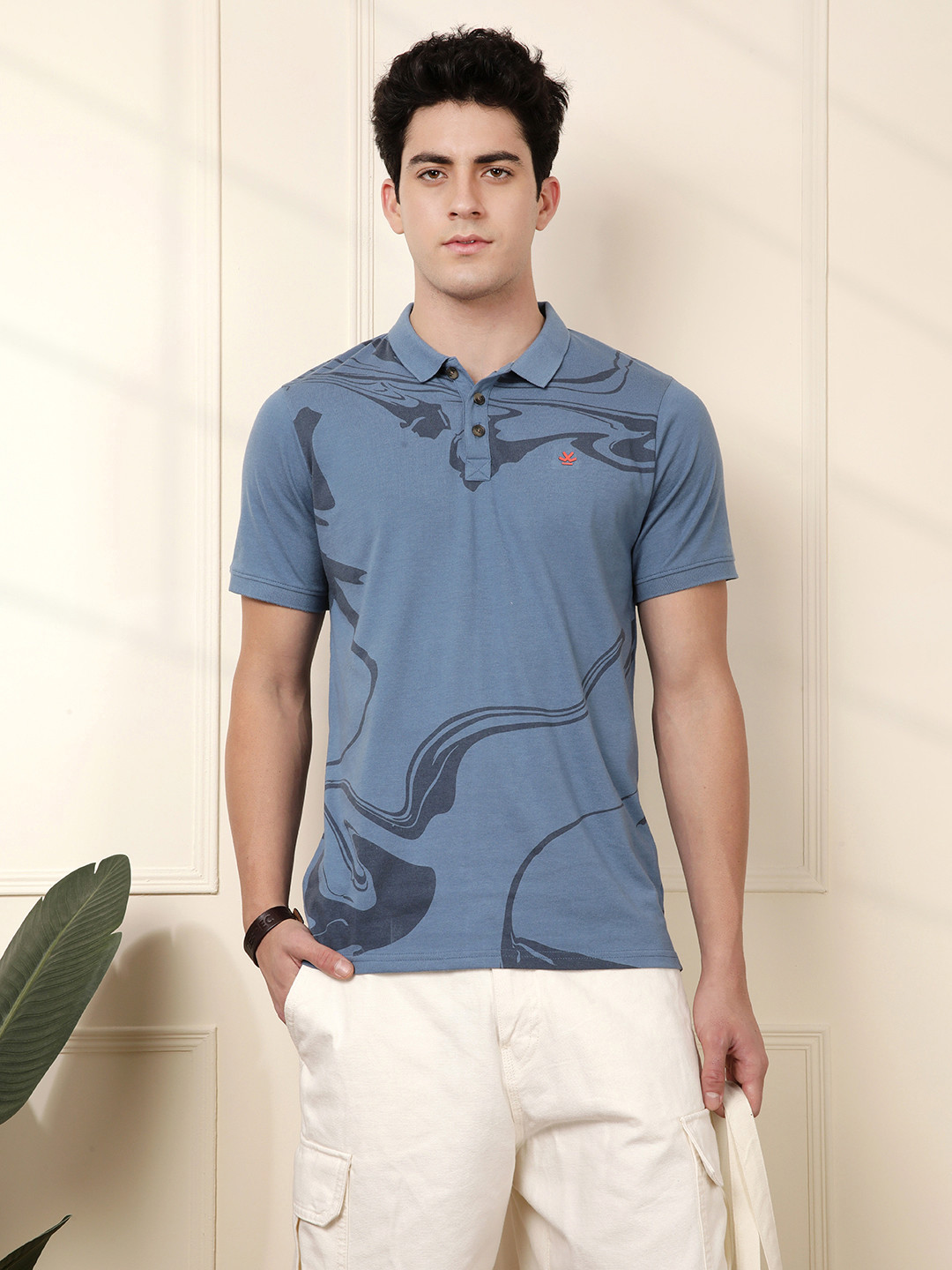 WROGN Men Blue Abstract Print Slim Fit Polo Collar T-shirt
