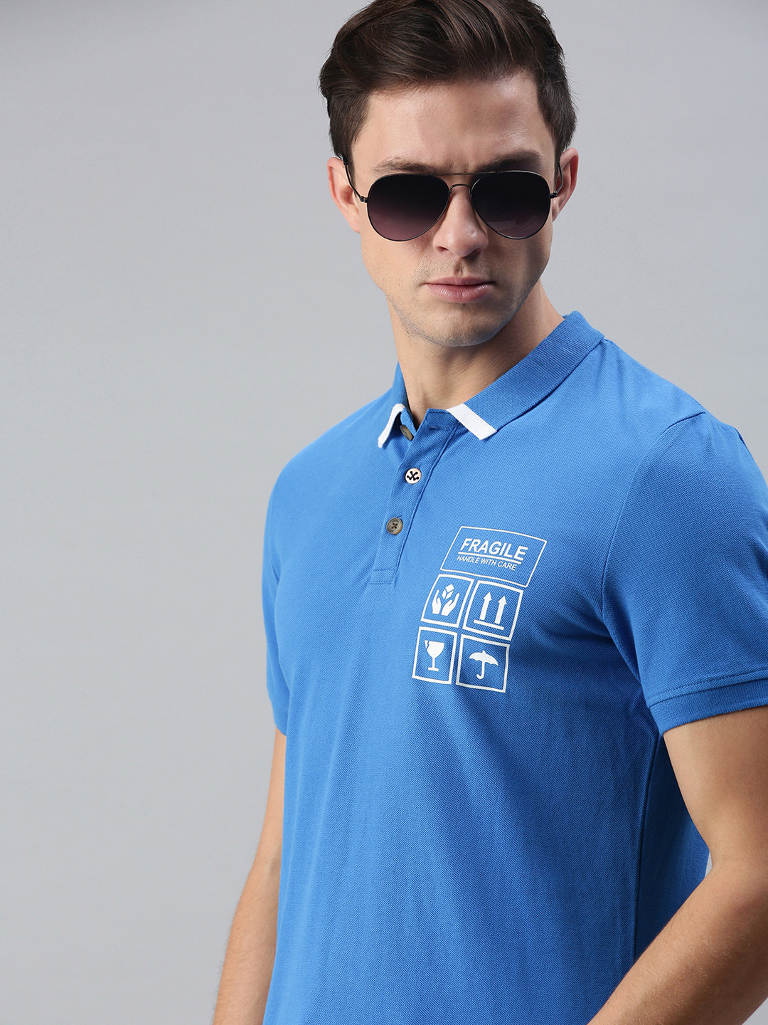 WROGN Men Blue Printed Polo Collar T-shirt