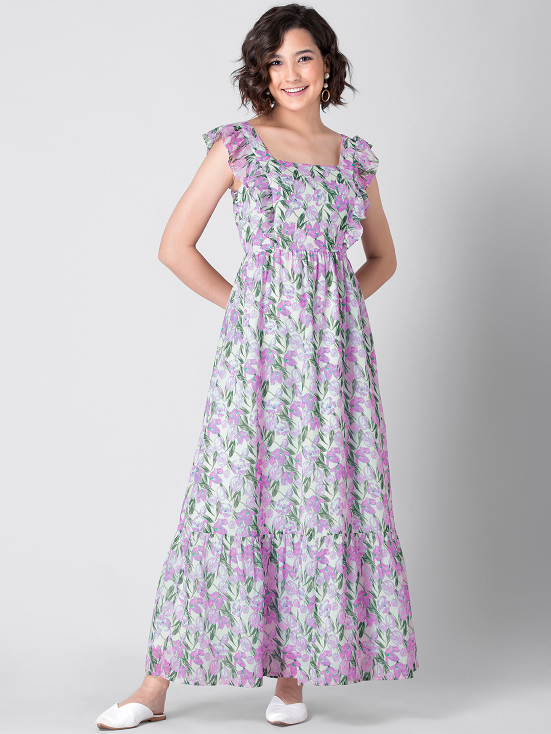 FabAlley Purple Floral Frilled Georgette Maxi Dress