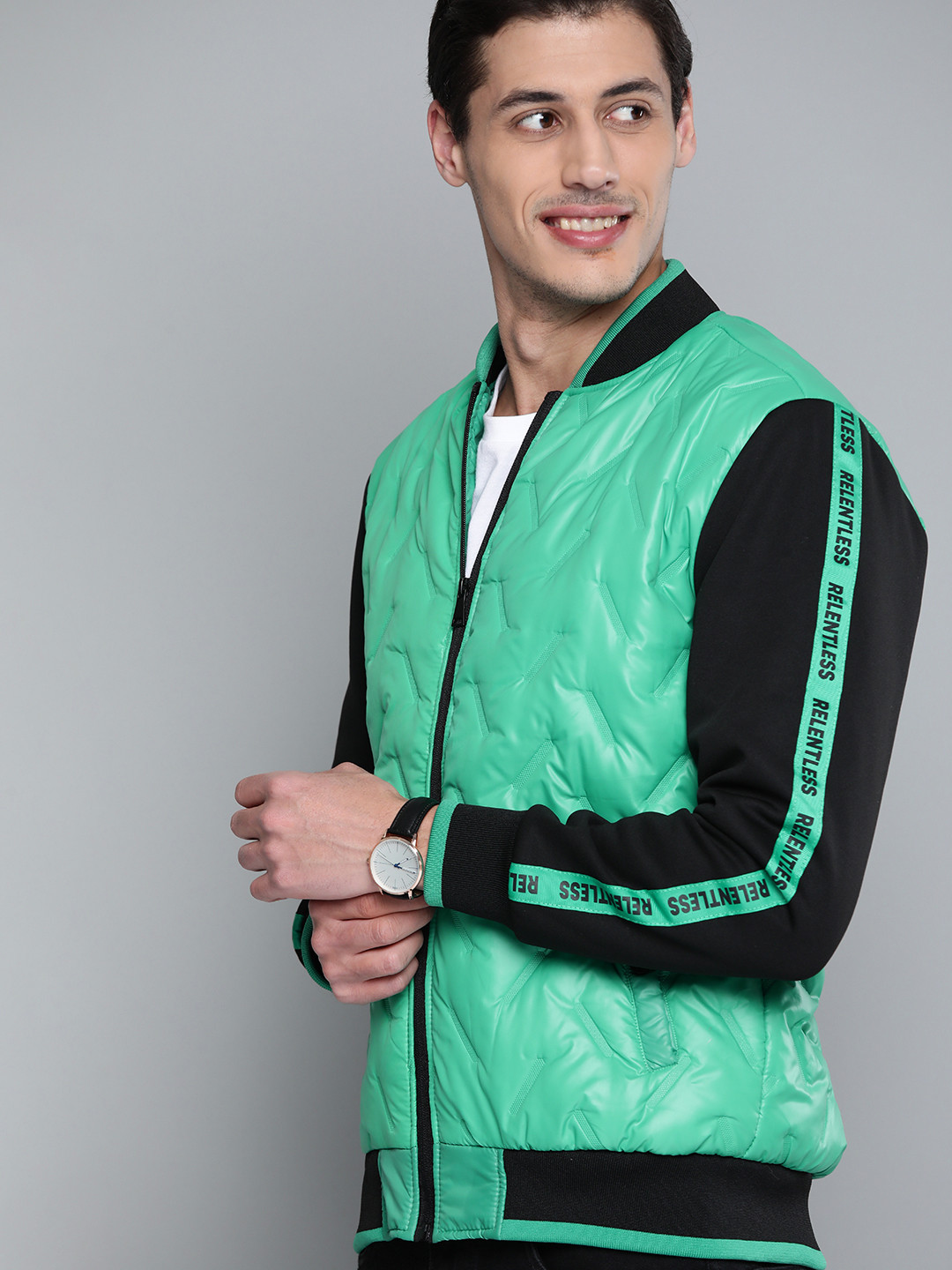 HERE&NOW Men Green & Black Padded Jacket