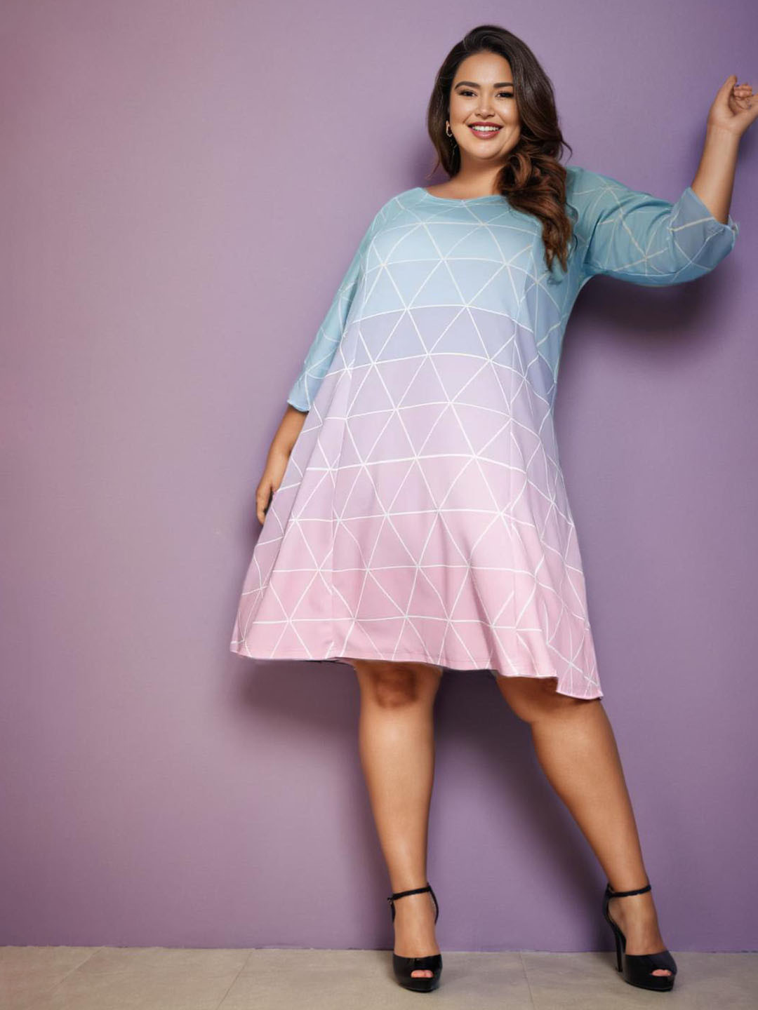 Amydus Plus Size Turquoise Blue & Pink Ombre Printed A-Line Dress