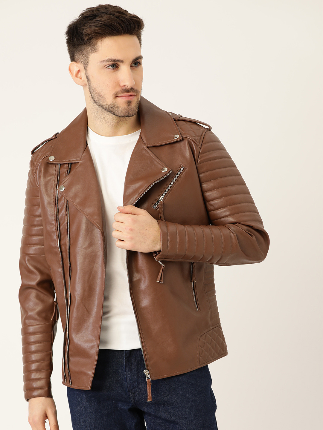 Leather Retail Men Brown Asymmetric Closure Leather Jacket