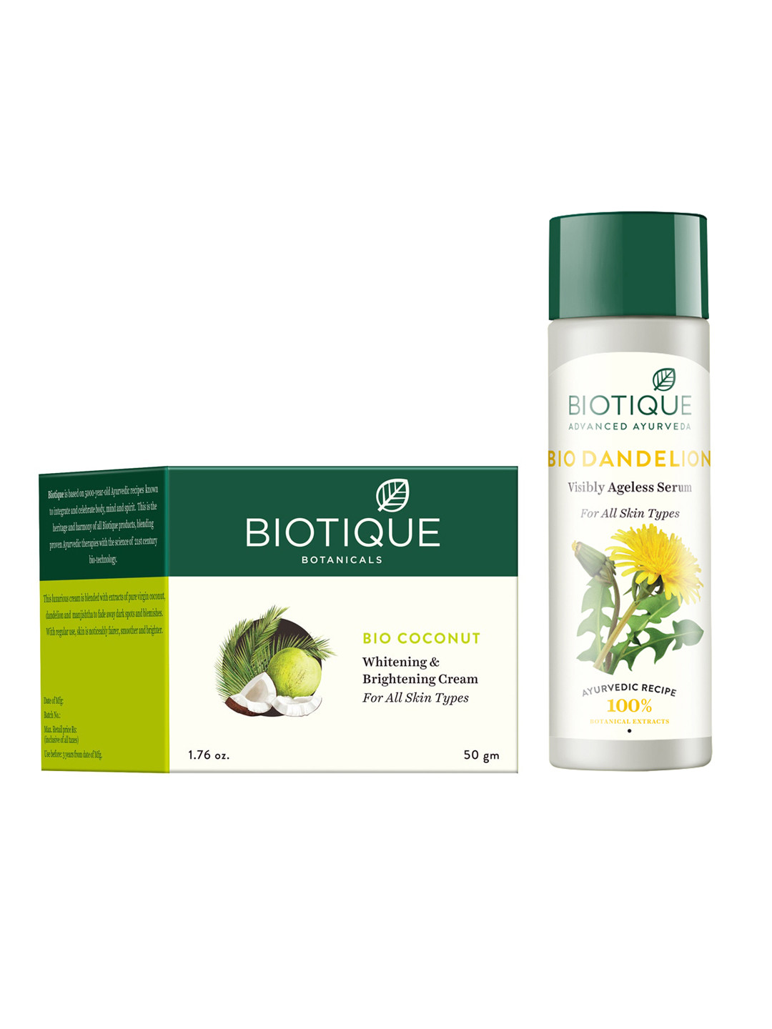 Biotique Set Of Coconut Whitening & Brightening Cream & Dandelion Lightening Serum