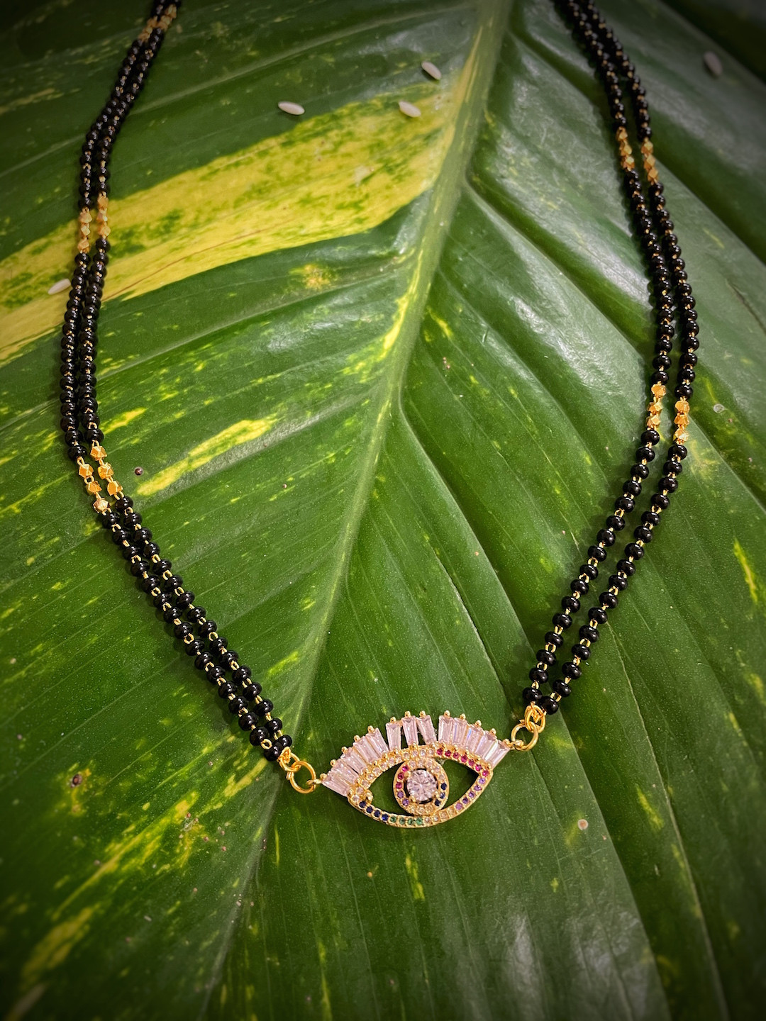 Digital Dress Room Micro Gold-Plated Black Beaded & White CZ-Studded Mangalsutra