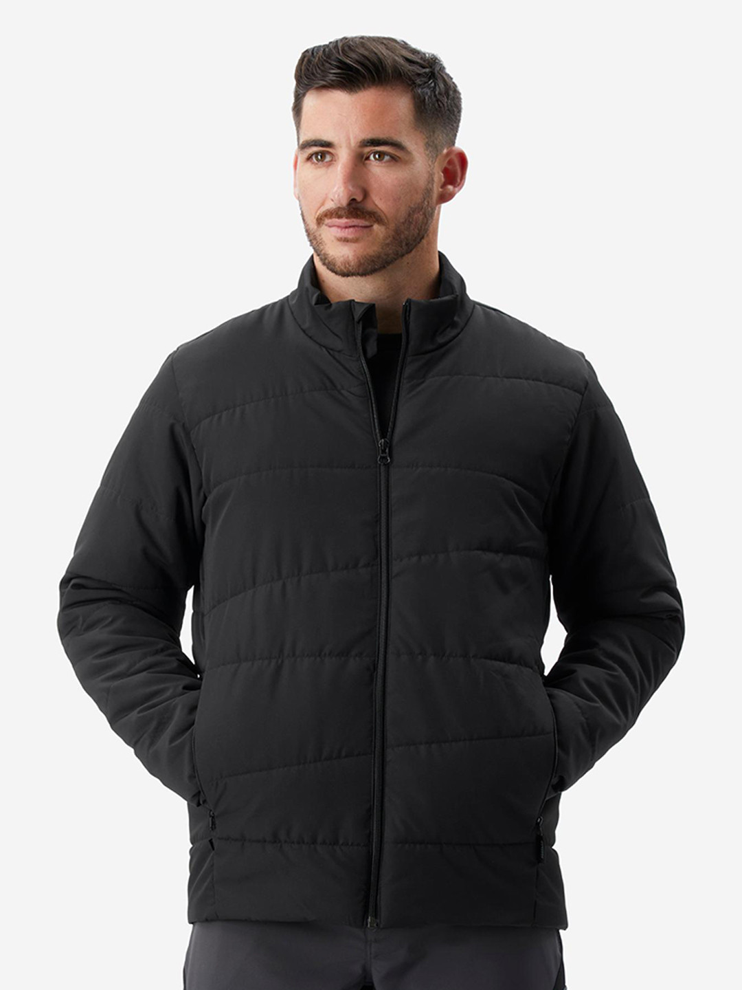Decathlon Men Solid Black Upto -0 Degrees Non-Hooded Synthetic Puffer Jacket