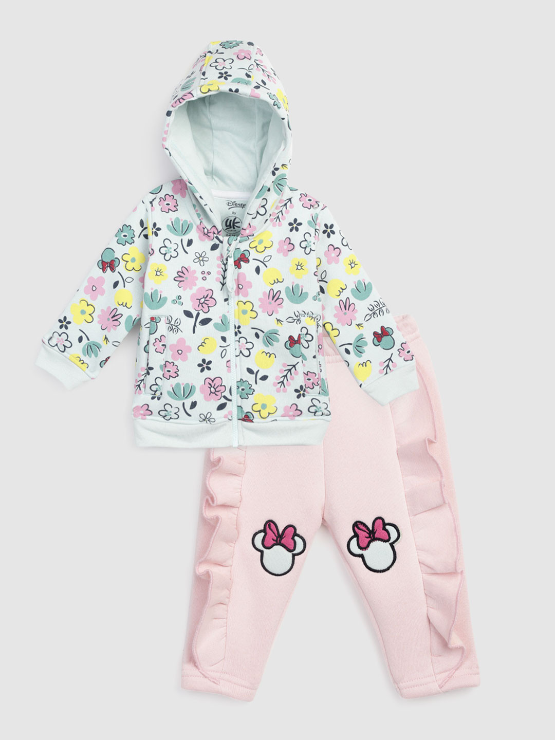 YK Disney Infant Girls Green & Pink Floral Minnie Mouse Printed Clothing Set