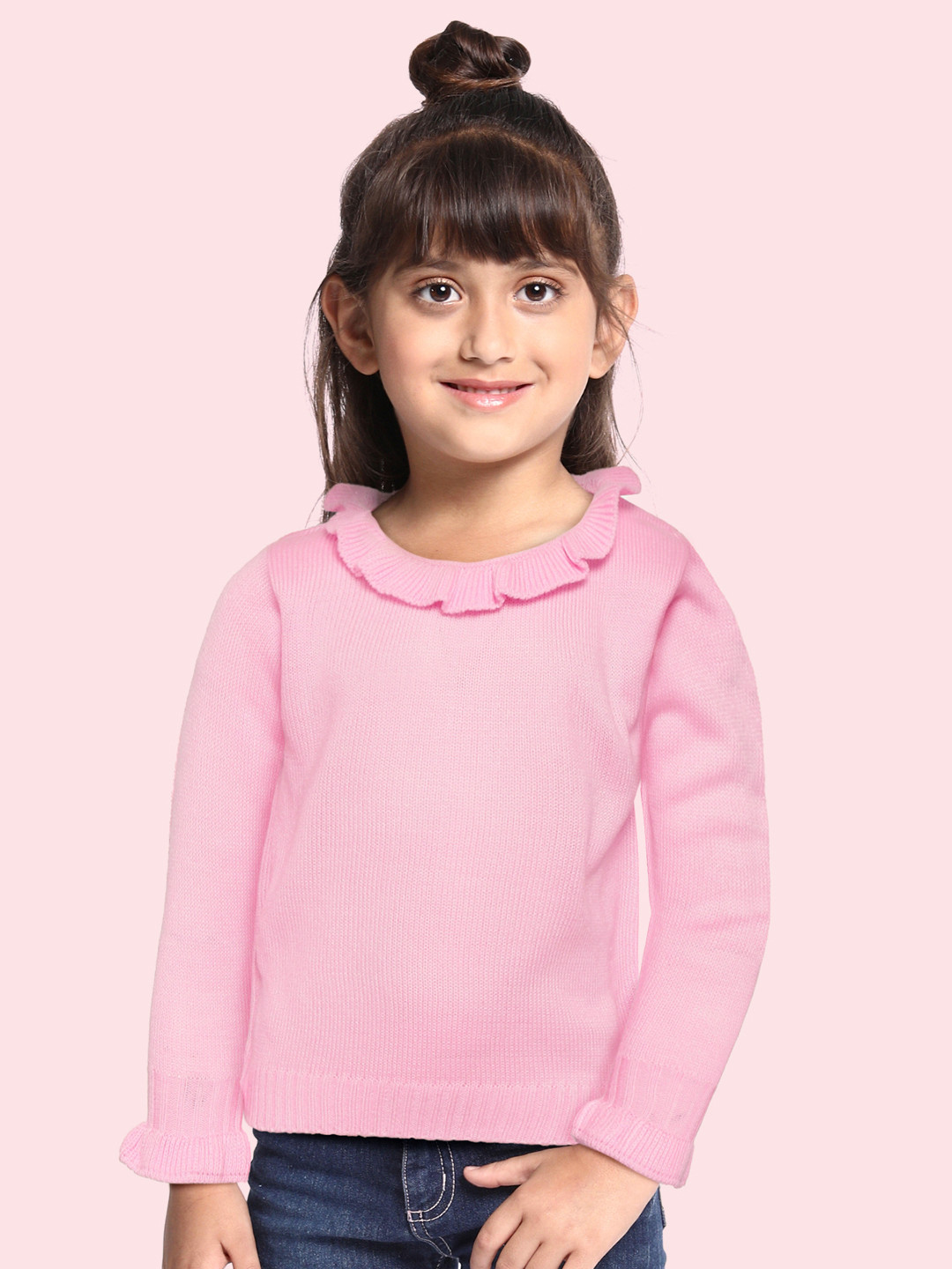 YK Girls Pink Acrylic Solid Pullover Sweater with Ruffles Detail