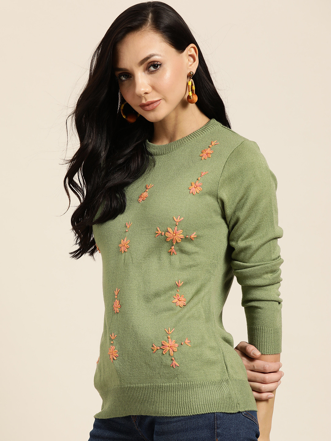 Sangria Women Green & Pink Floral Embroidered Pullover
