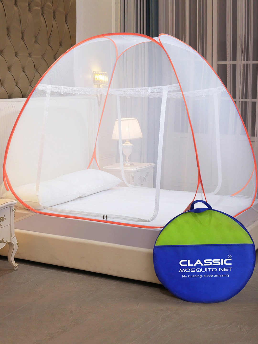 Classic Mosquito Net White & Orange Solid King Size Double Bed Mosquito Net