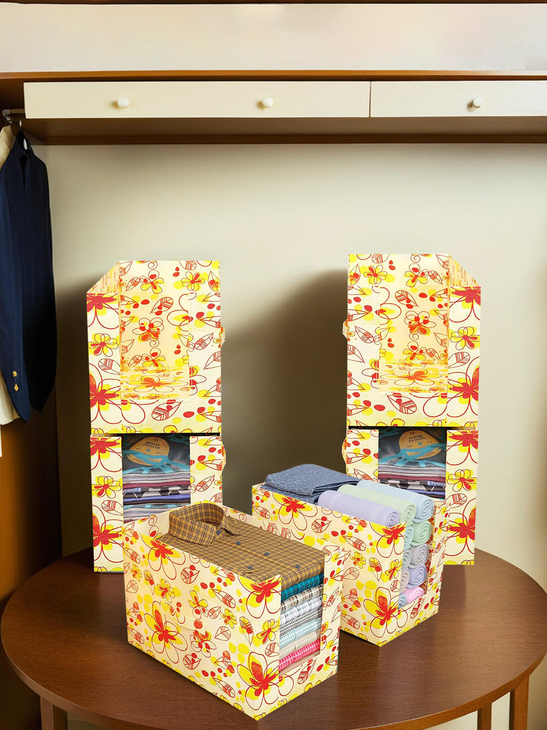 Kuber Industries Set Of 6 Yellow Flower Printed Foldable Rectangle Saree Stacker Organisers With Handles