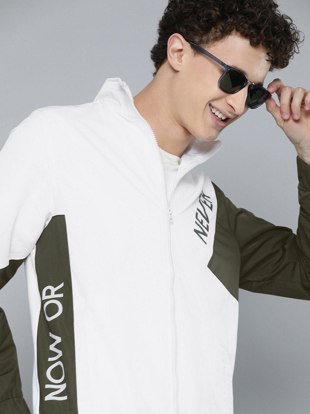 HERE&NOW Men White And Olive Green Colourblocked Tailored Jacket