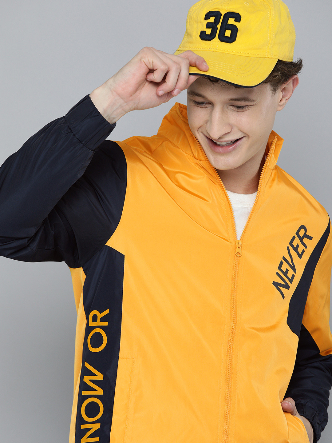 HERE&NOW Men Mustard And Navy Blue Colourblocked  Tailored Jacket