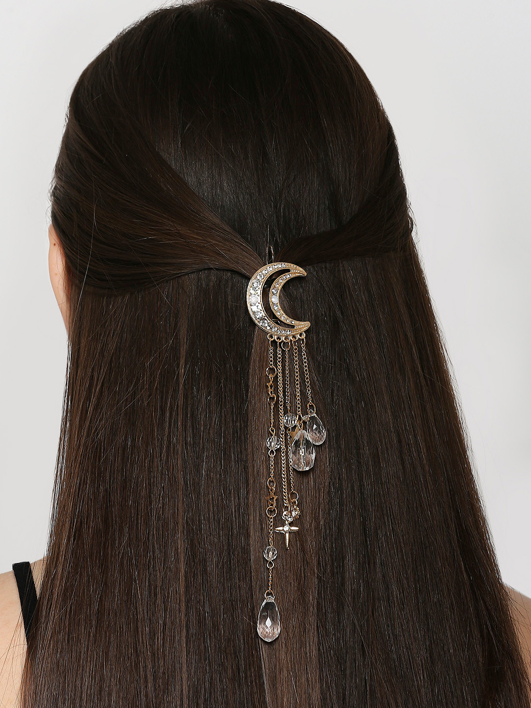 OOMPH Women Gold & White Large Moon Shaped Tasseled & Beaded Bobby Pins