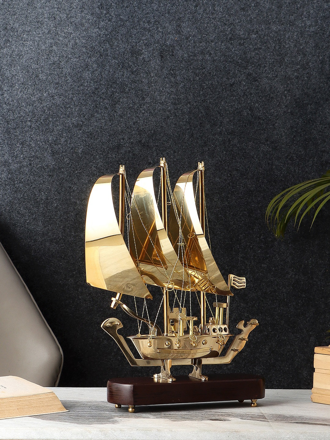 EXIM DECOR Brown & Gold-Toned Sailing Ship With Wooden Stand Showpiece