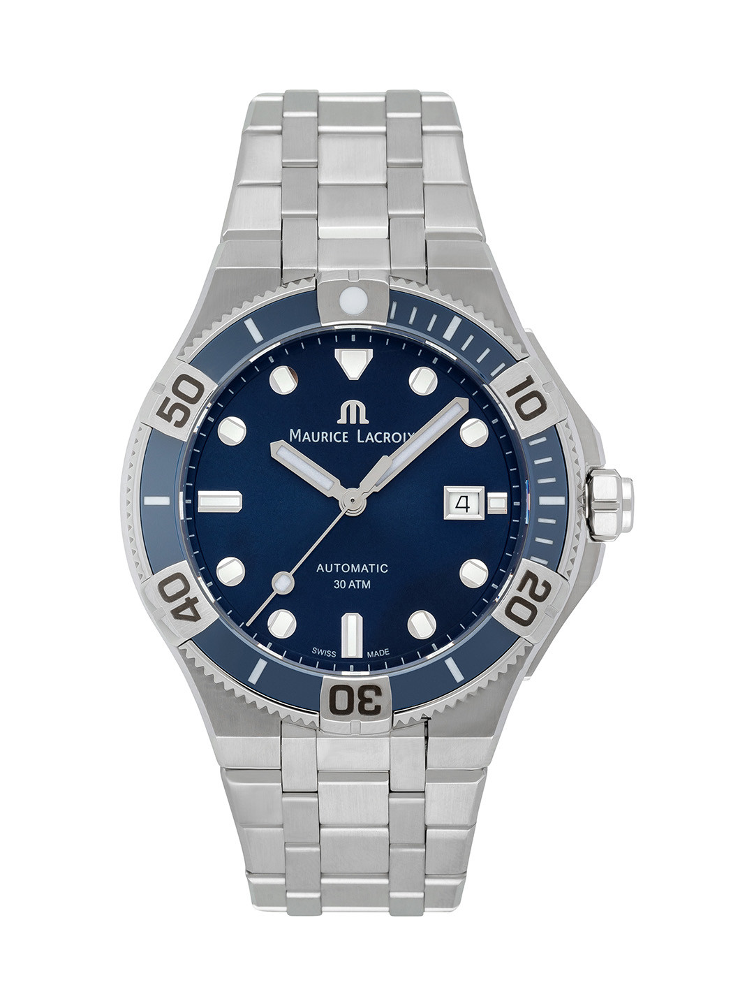 MAURICE LACROIX Men Blue Embellished Dial & Silver Toned Stainless Steel Bracelet Style Straps Analogue Watch