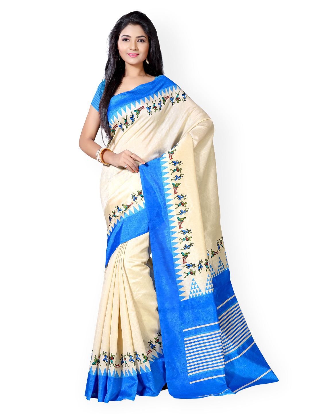 Saree mall Cream-Coloured & Blue Bhagalpuri Art Silk Saree