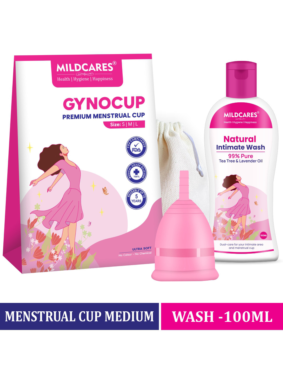 GYNOCUP Premium Reusable Medium Size Menstrual Cup With Menstrual Cup Lubricant 100ml
