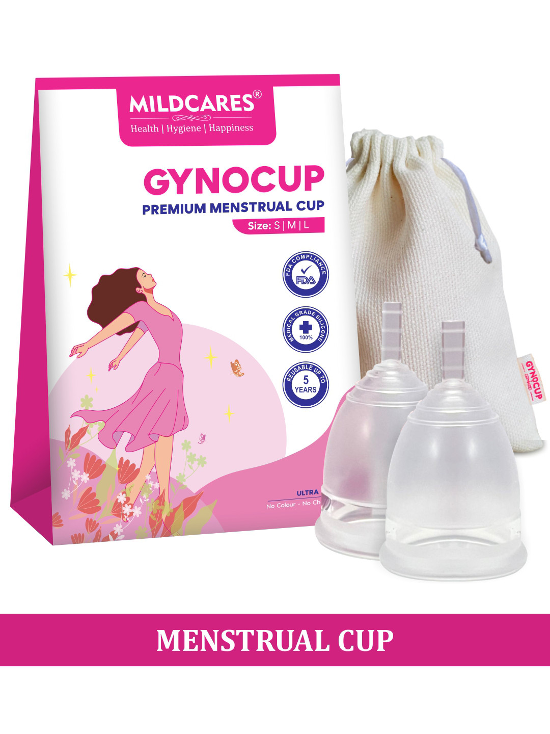GYNOCUP Set of 2 Large Size Premium Menstrual Cup Odour & Rash Free - Pink
