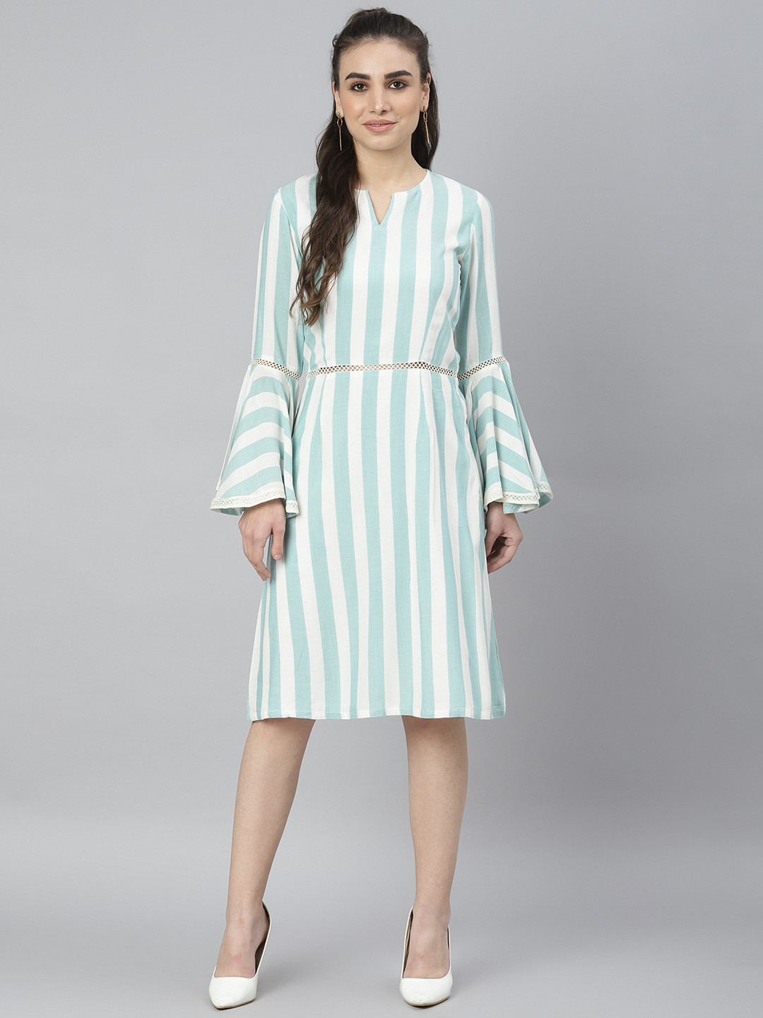 DEEBACO Women Green & Blue Striped Flared Sleeved A-lined Dress With Lace