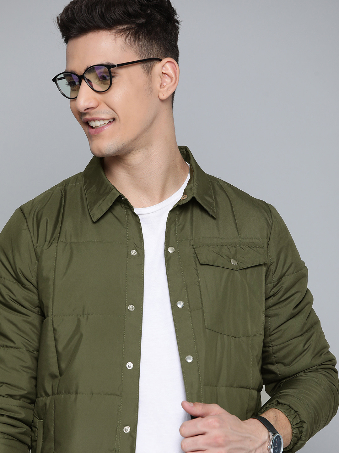Mast & Harbour Men Olive Green Solid Padded Jacket