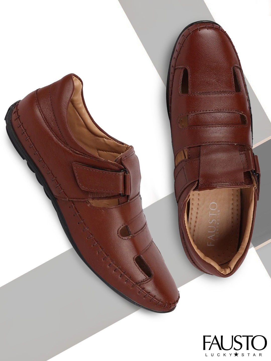 FAUSTO Men Tan Leather Fisherman Sandals