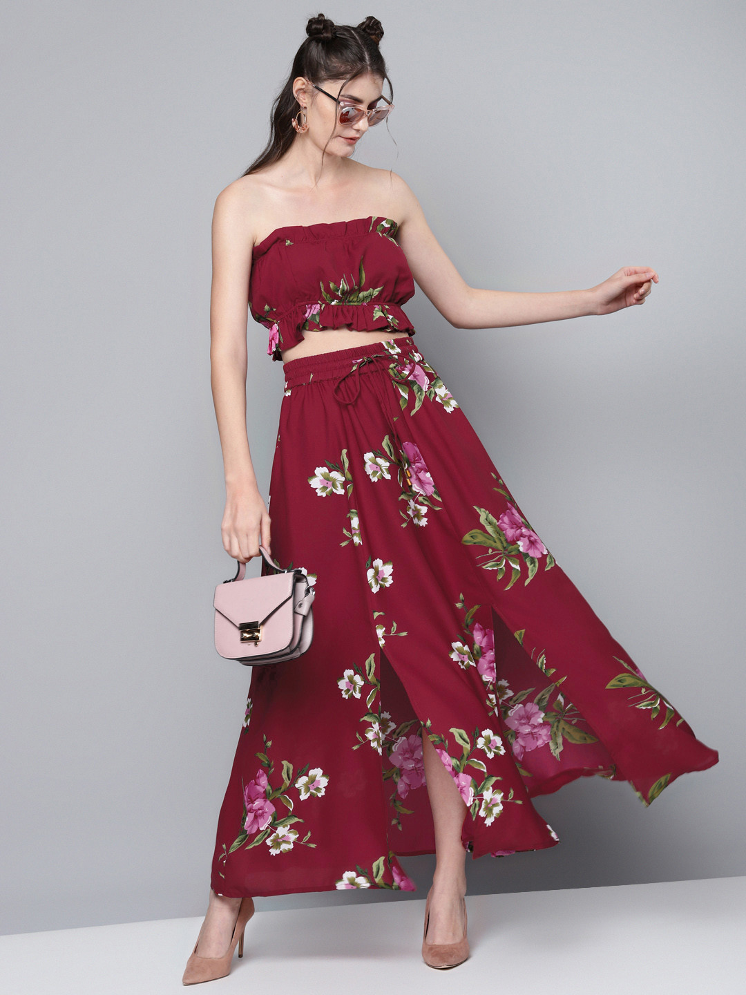 SASSAFRAS Maroon & Green Floral Off-Shoulder Ruffles Tube Crop Top