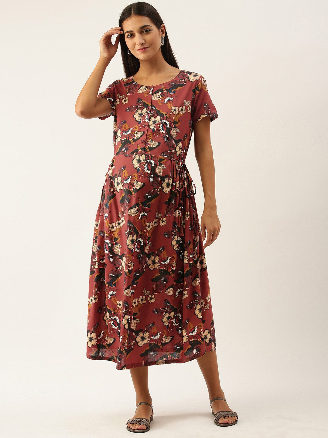 Nejo Rust Women Rust Floral Print Maternity Fit & Flare Dress
