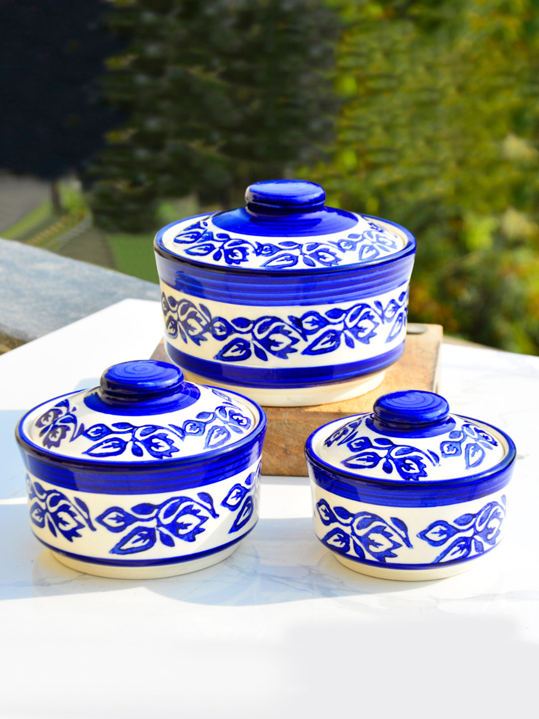 StyleMyWay Set Of 3 White & Blue Hand-Painted Ceramic Donga with Lid