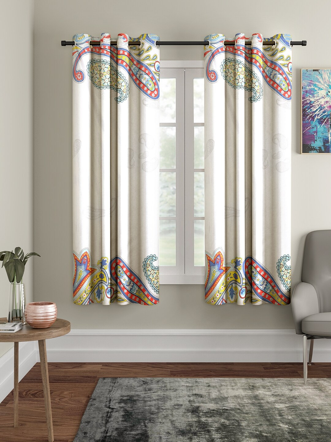 Home Sizzler Set Of 2 White & Red Set of 2 Ethnic Motifs Window Curtains