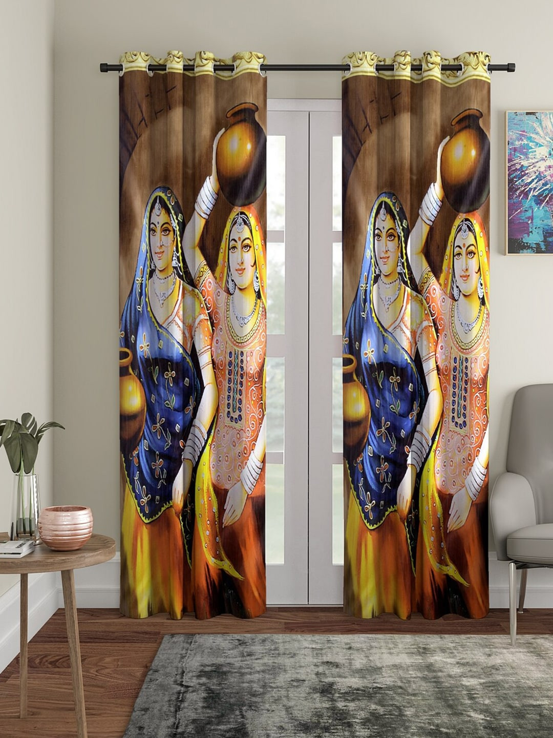 Home Sizzler Brown & Blue Set of 2 Ethnic Motifs Door Curtain