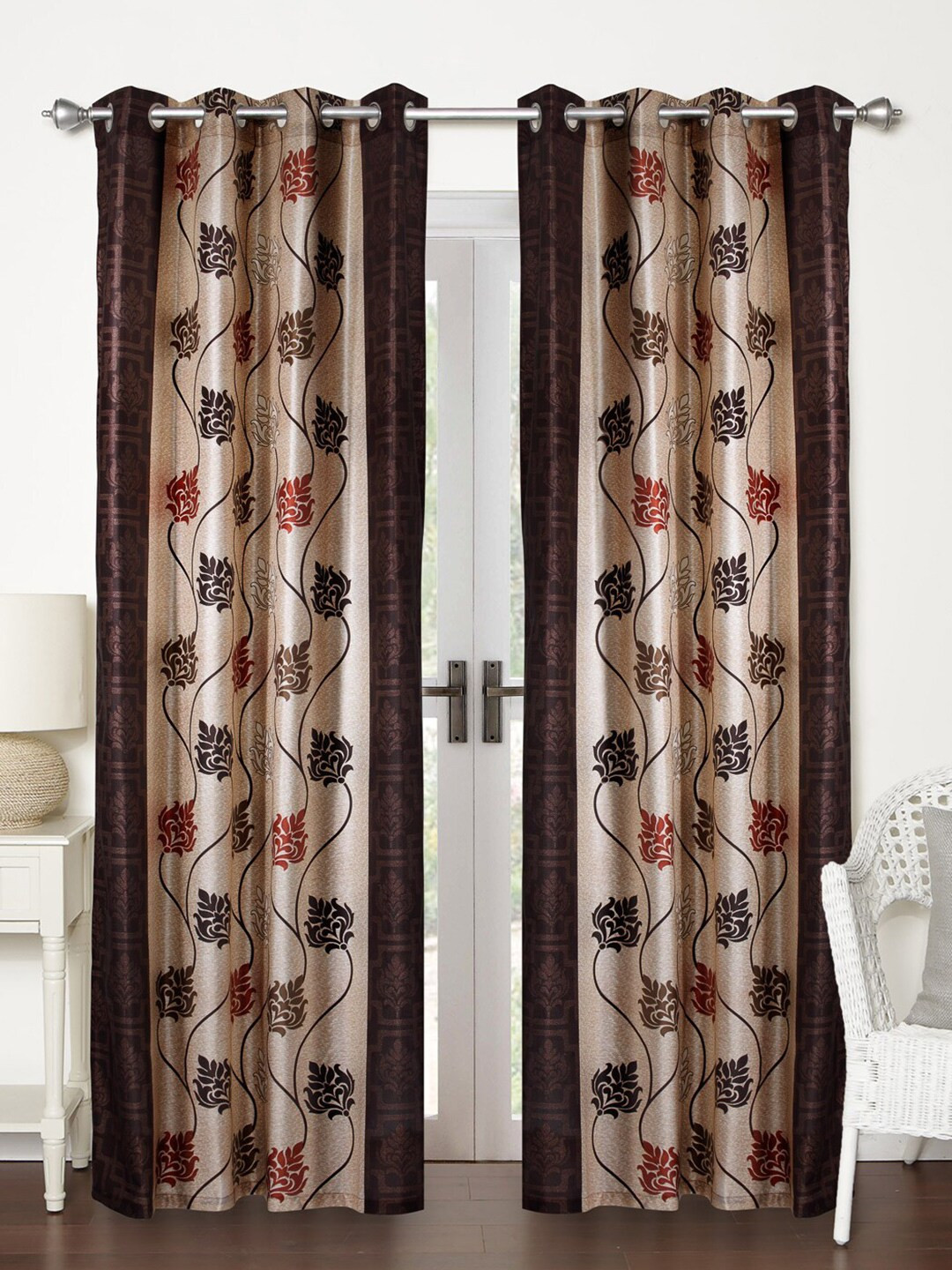 Home Sizzler Set of 2 Brown & Beige Floral Door Curtain