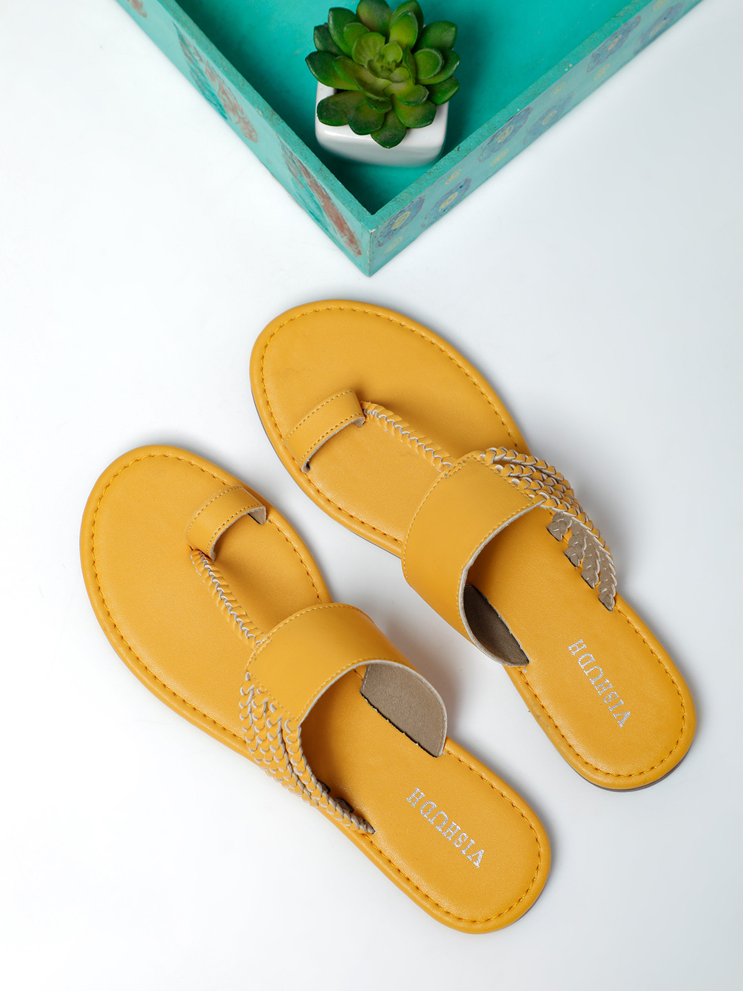 Vishudh Women Yellow One Toe Flats with Laser Cuts