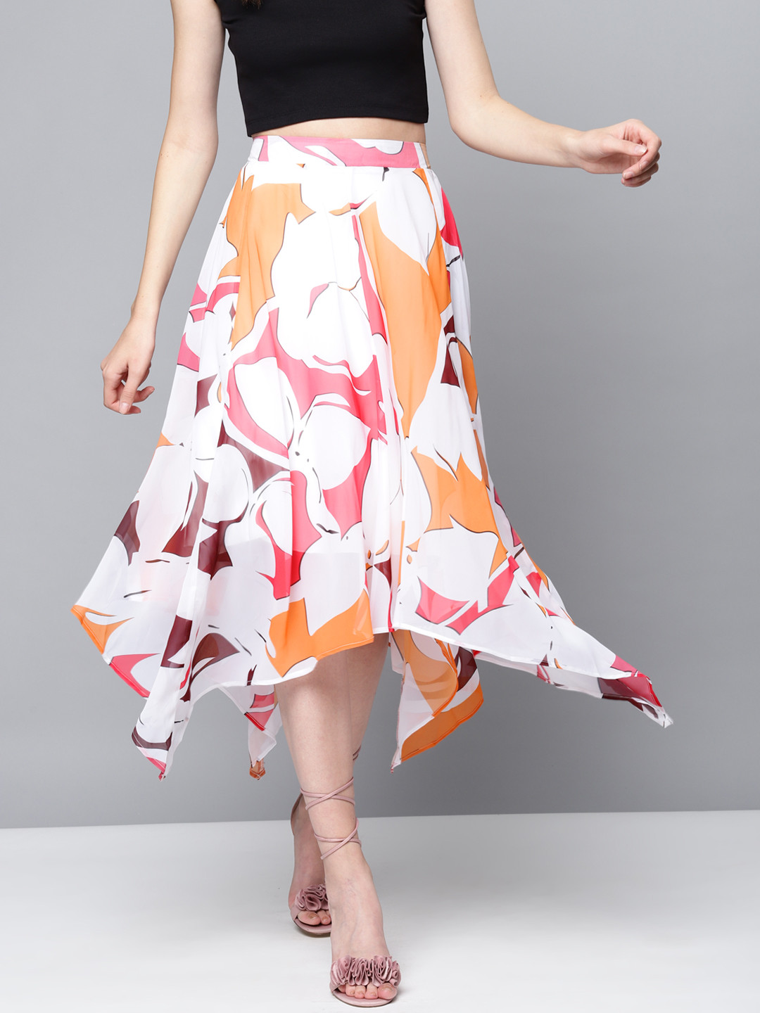 SASSAFRAS Off-White & Orange Floral Print Asymmetric Flared Midi Skirt